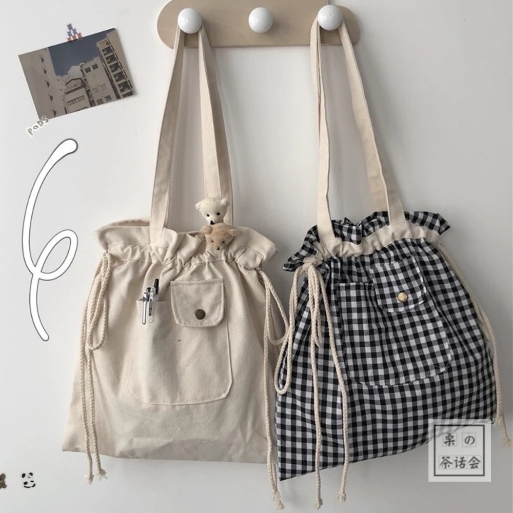 Canvas tote bag pocket plaid cream drawstring bags cute bear pins set checker